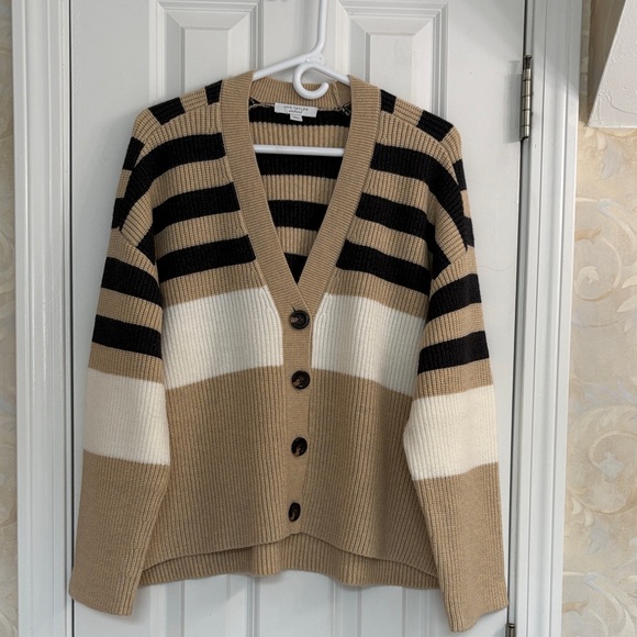 Ann Taylor Weekend Trendy Striped Beige and Charcoal Cardigan Sweater - Picture 3 of 10